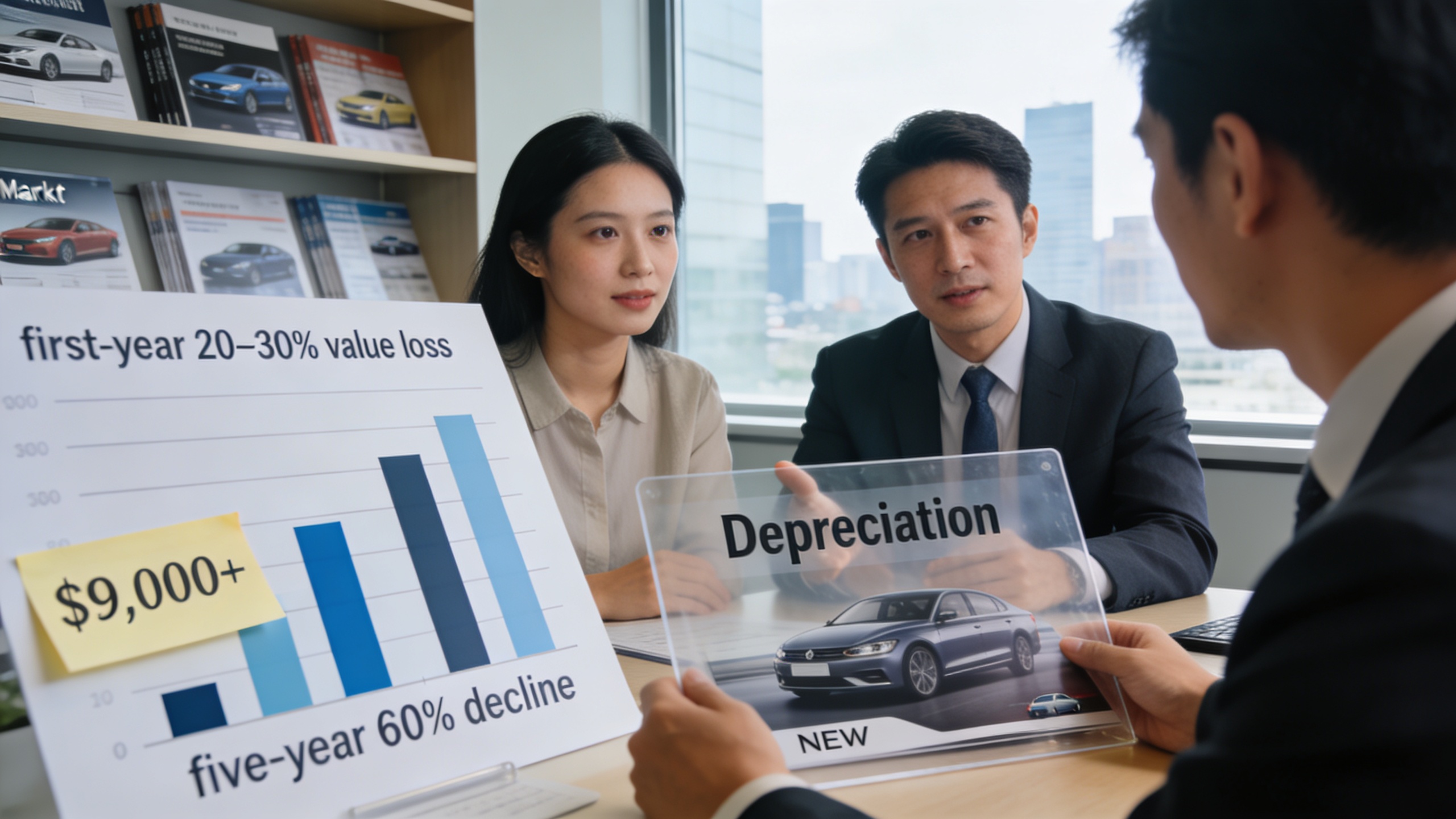 Financial advisor pointing to depreciation charts showing yearly losses and car market value vs asking price, helping buyers understand ownership costs