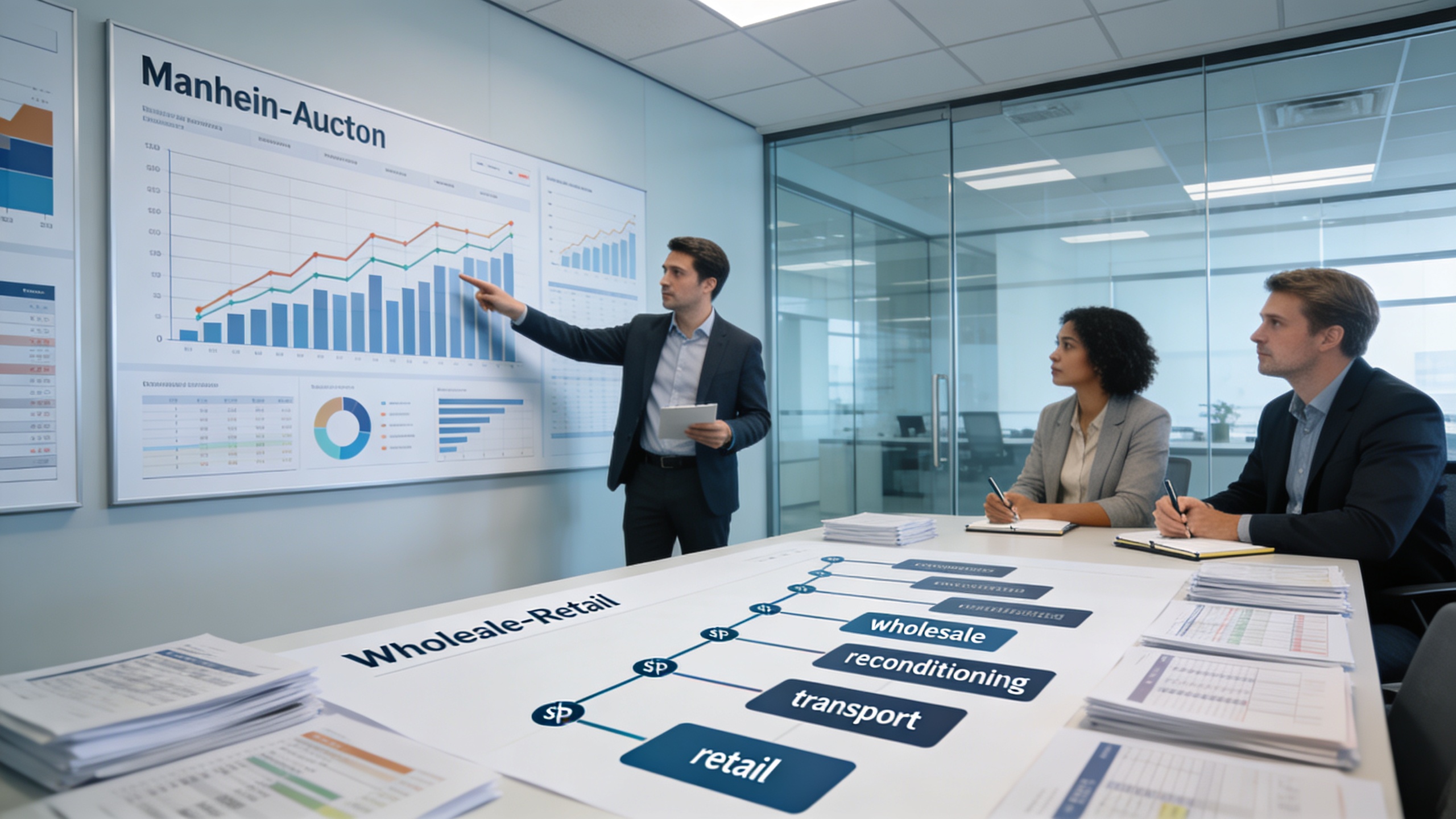 Team analyzing auction and wholesale charts on a large display, visualizing how car pricing really works and wholesale used cars for sale trends