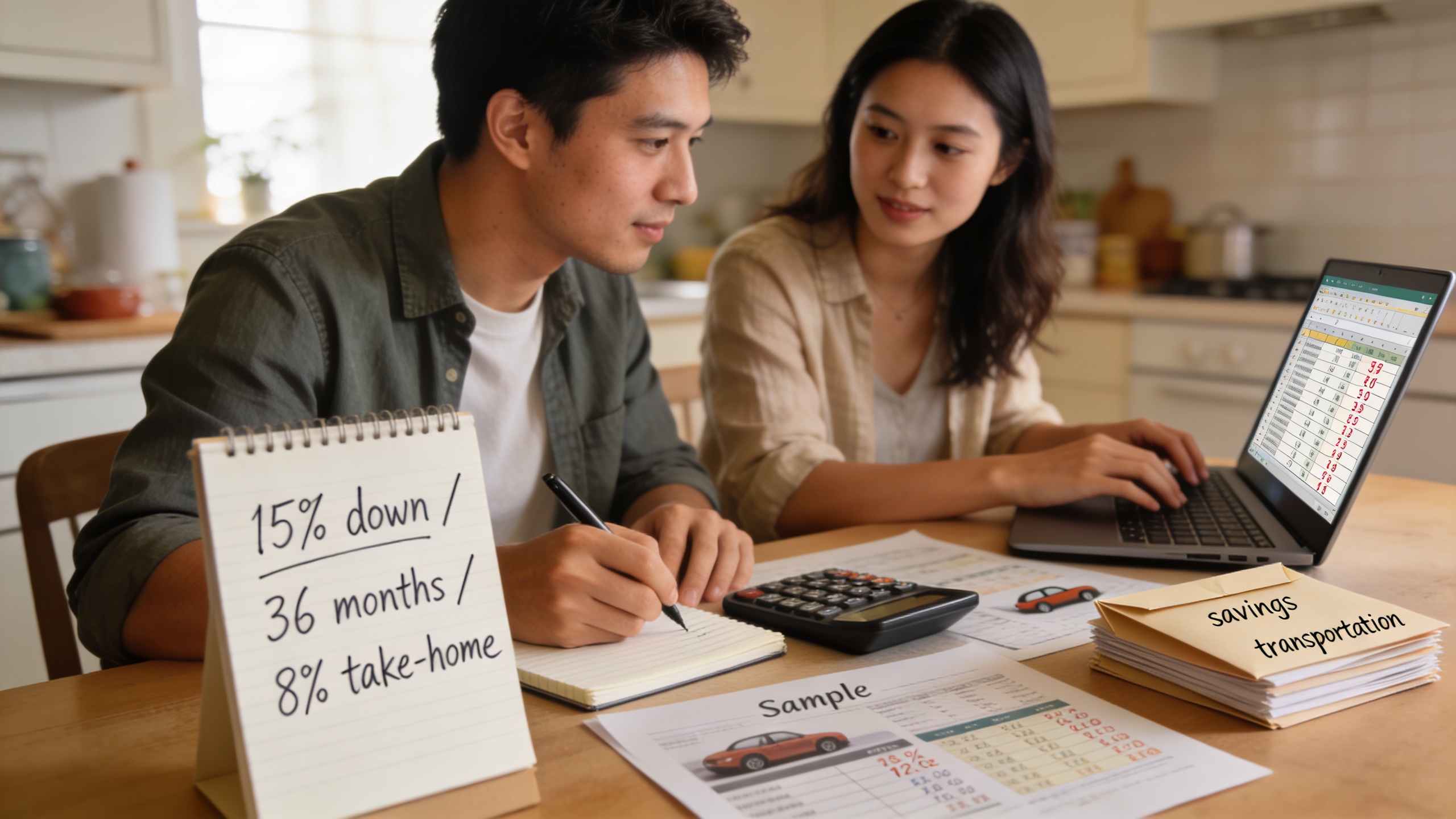Couple applying the 15/3/8 budgeting rule at home with spreadsheets and notes, a clear visual of transparent car pricing and disciplined car buying