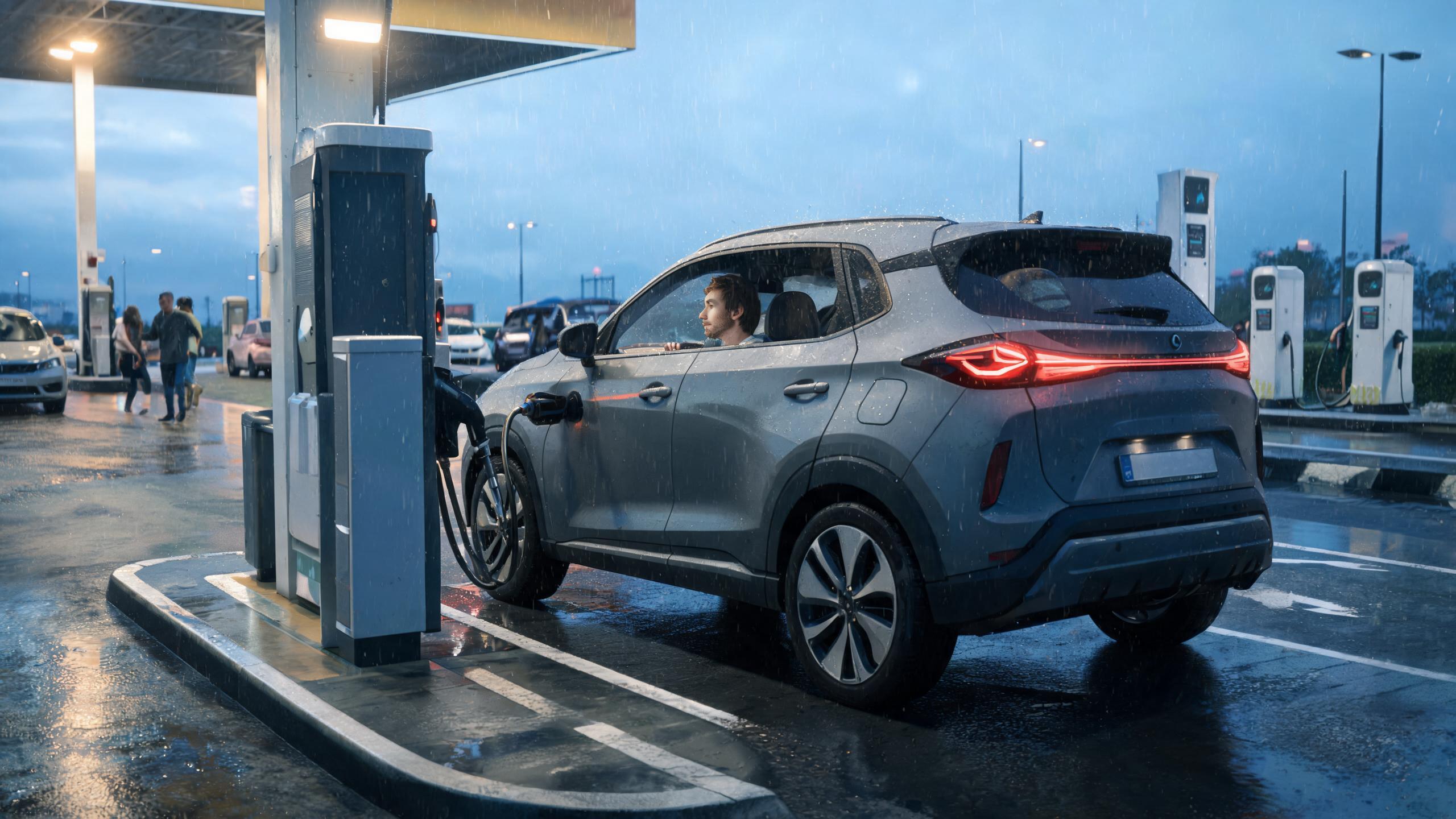 Hybrid driver refuels during rainy travel, showing a practical alternative for buyers comparing Carvana vs wholesale buying.