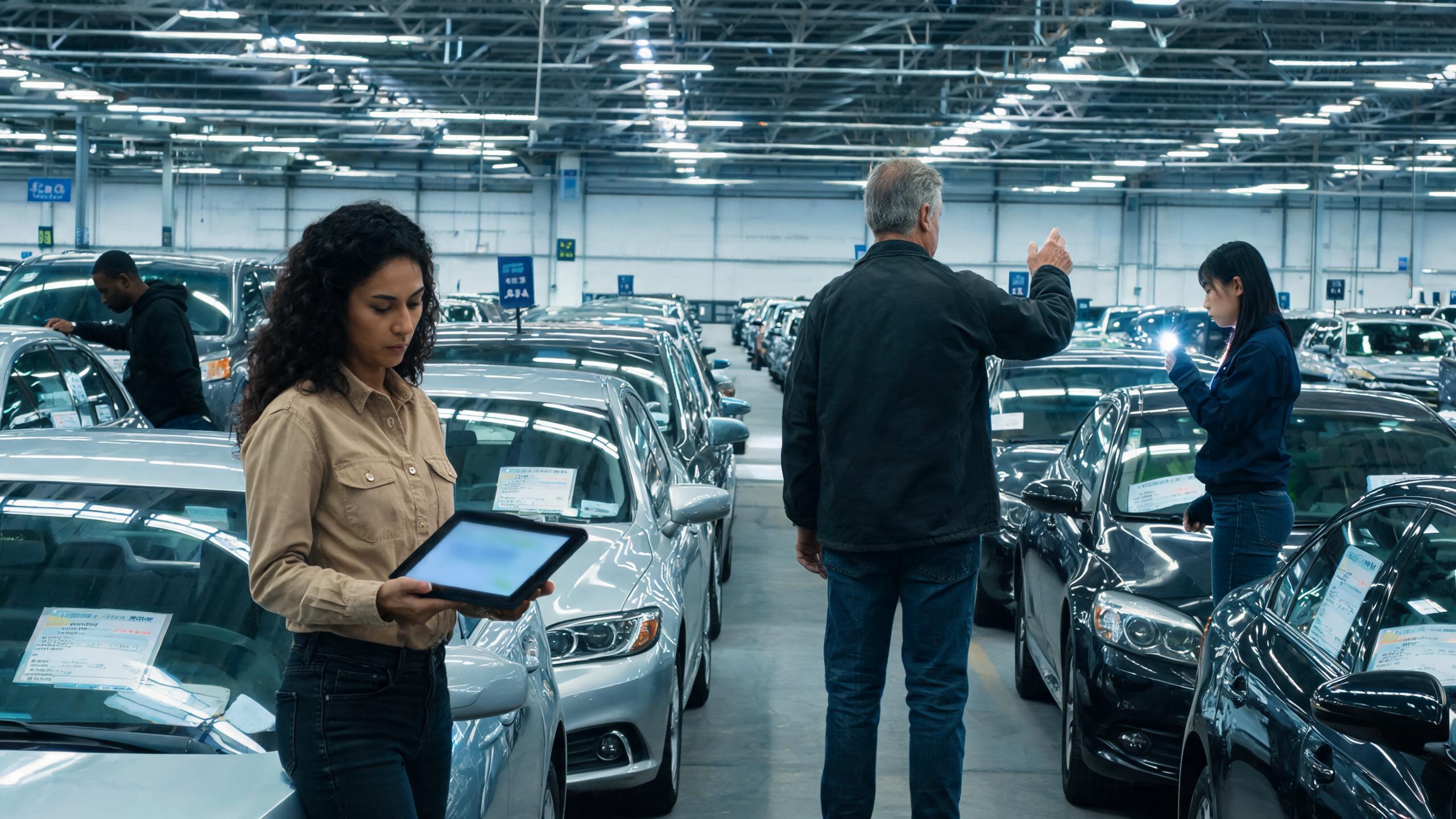 Buyers and dealers reviewing vehicle condition notes at a wholesale auto auction, showing car auction access for buyers and how dealers buy cars through auction lanes.