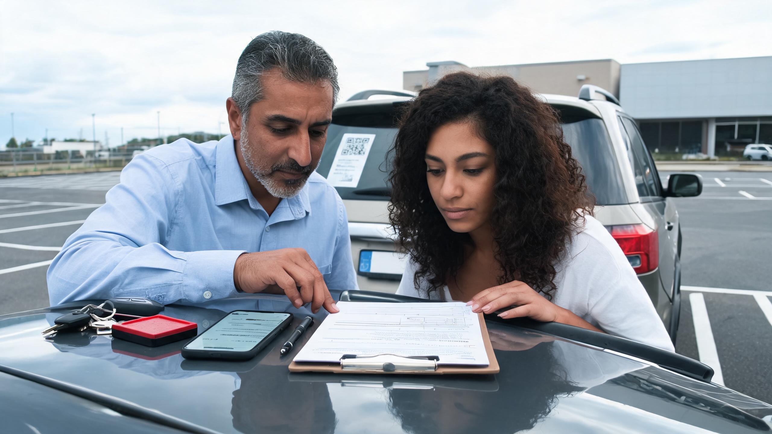 Buyer and seller checking VIN and title paperwork step by step before completing a used car purchase