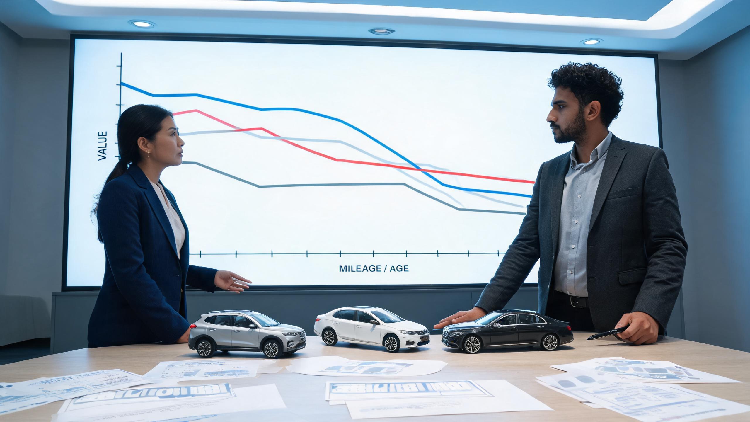 Automotive analysts studying depreciation curves and mileage data, showing why used-car values fall unevenly for consumers trying to find underpriced used cars.