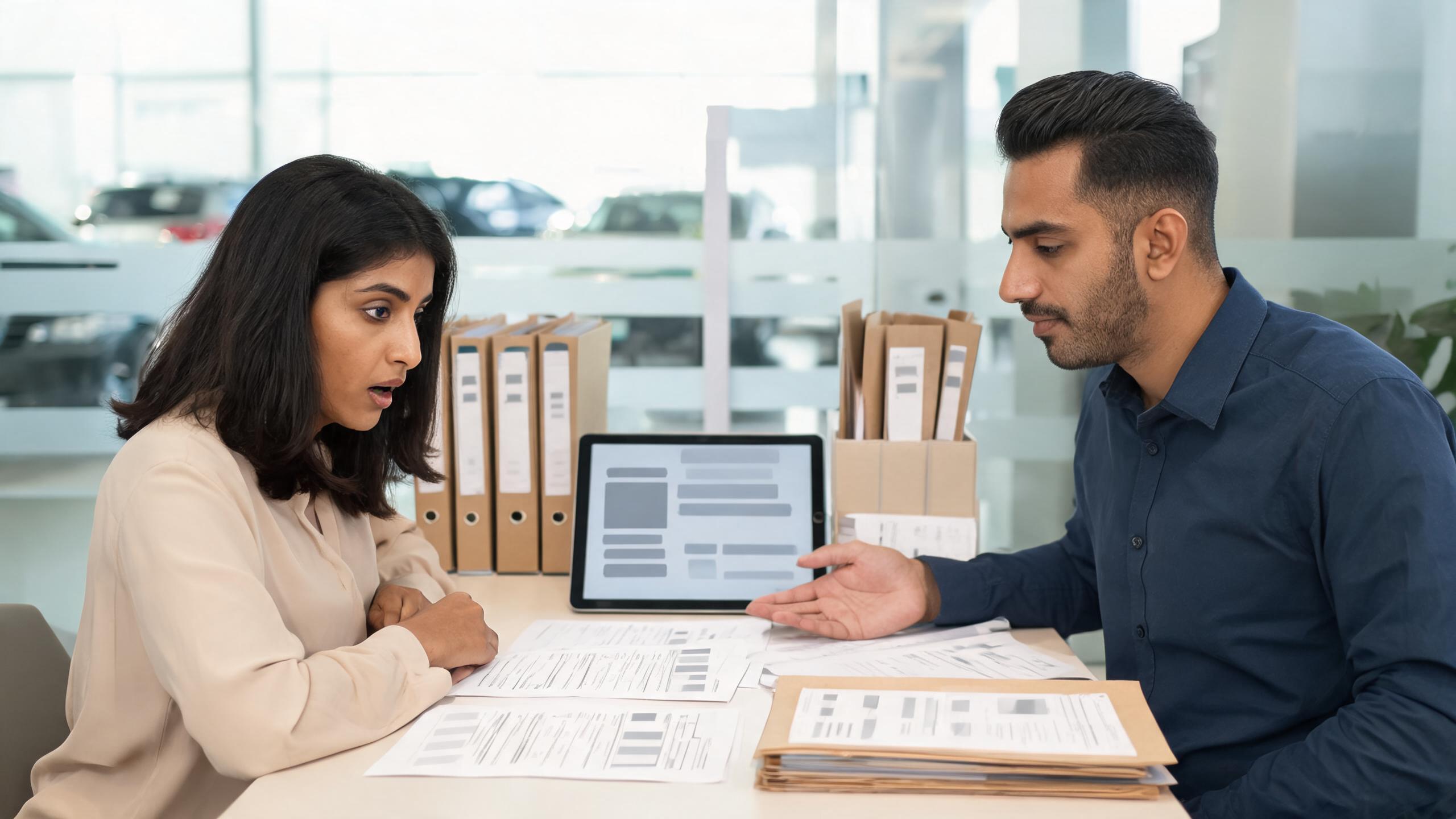 Buyer and finance manager reviewing fees beyond the sticker price, explaining how the out the door price car total includes taxes, title, registration, and optional products.