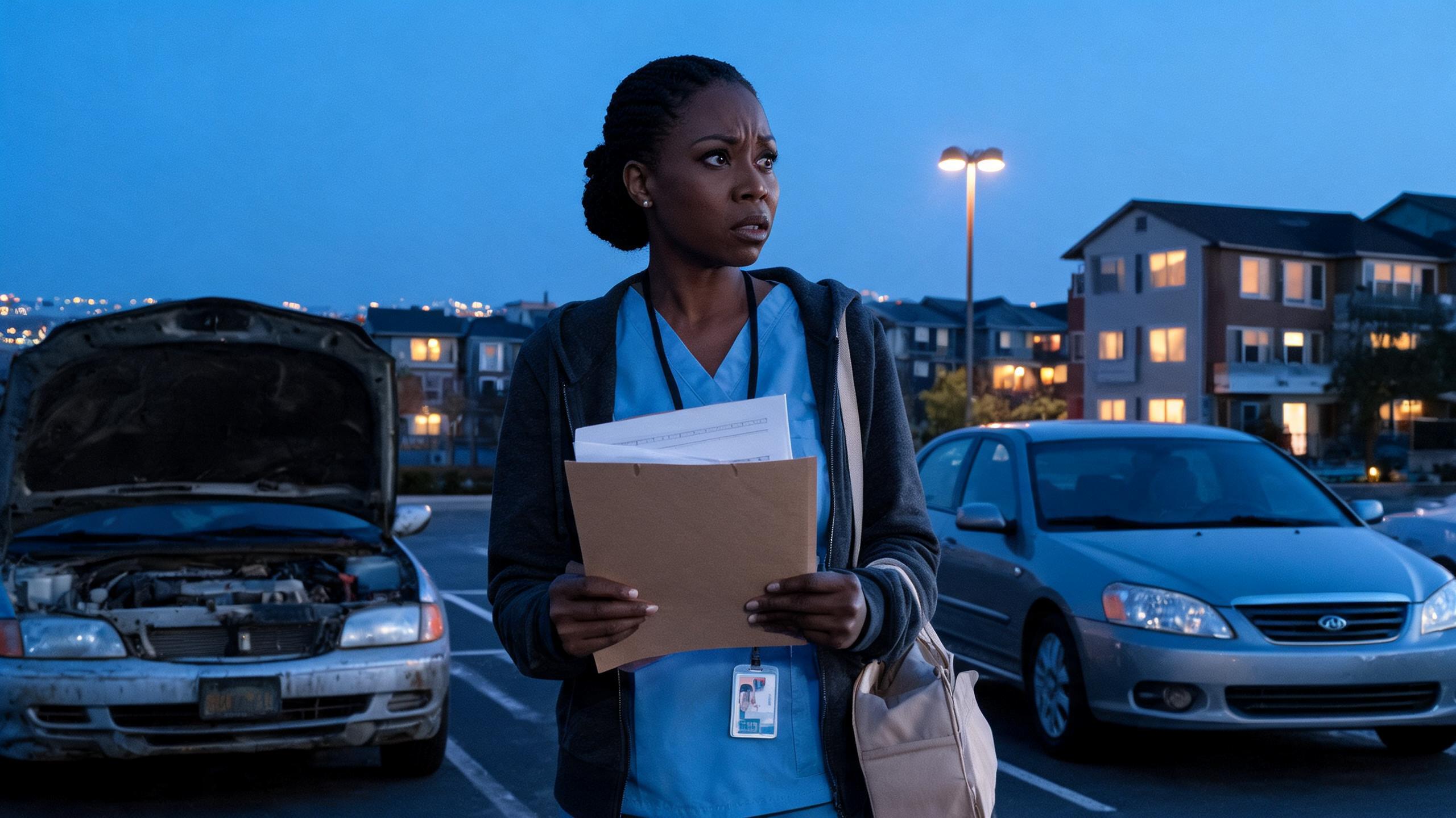 Nurse’s aide reviews used-car loan offers before sunrise, showing how credit score can change the real cost of the same vehicle.