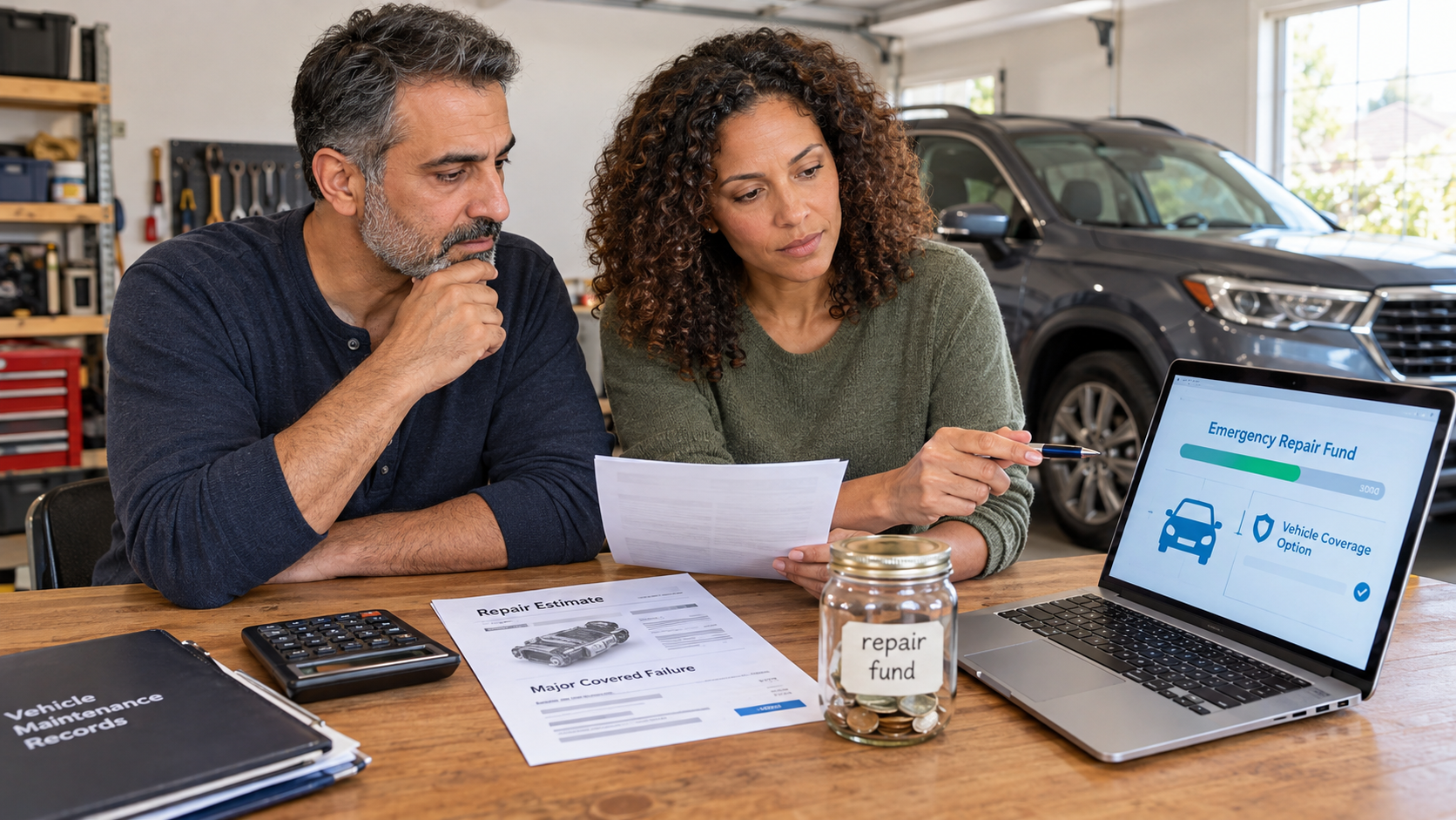 Couple comparing repair savings with extended warranty coverage before keeping a used SUV purchased through Virtual CarHub.