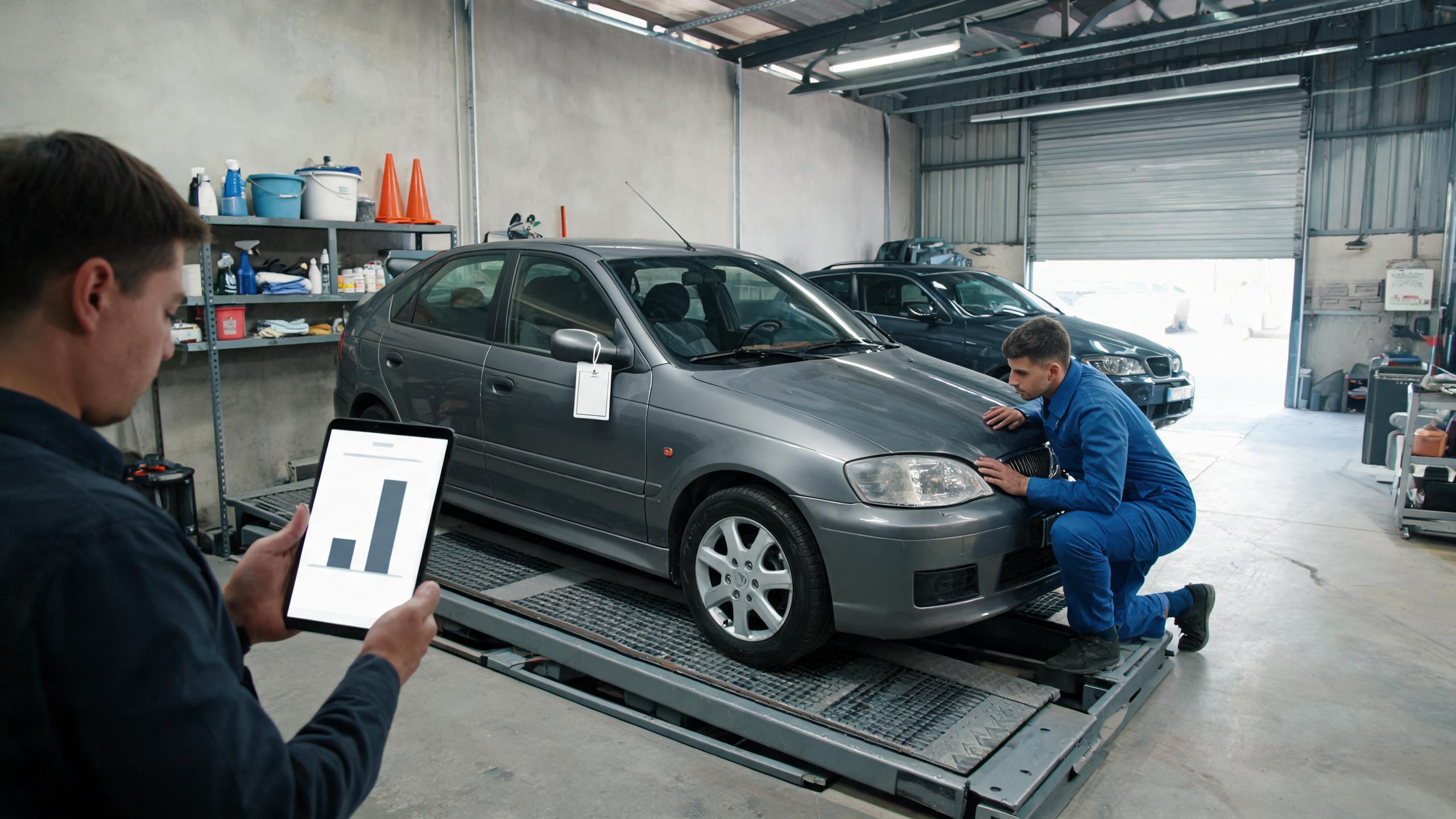 Appraiser and technician inspecting a used car to explain wholesale vs retail car pricing and the difference between auction price vs retail car price.