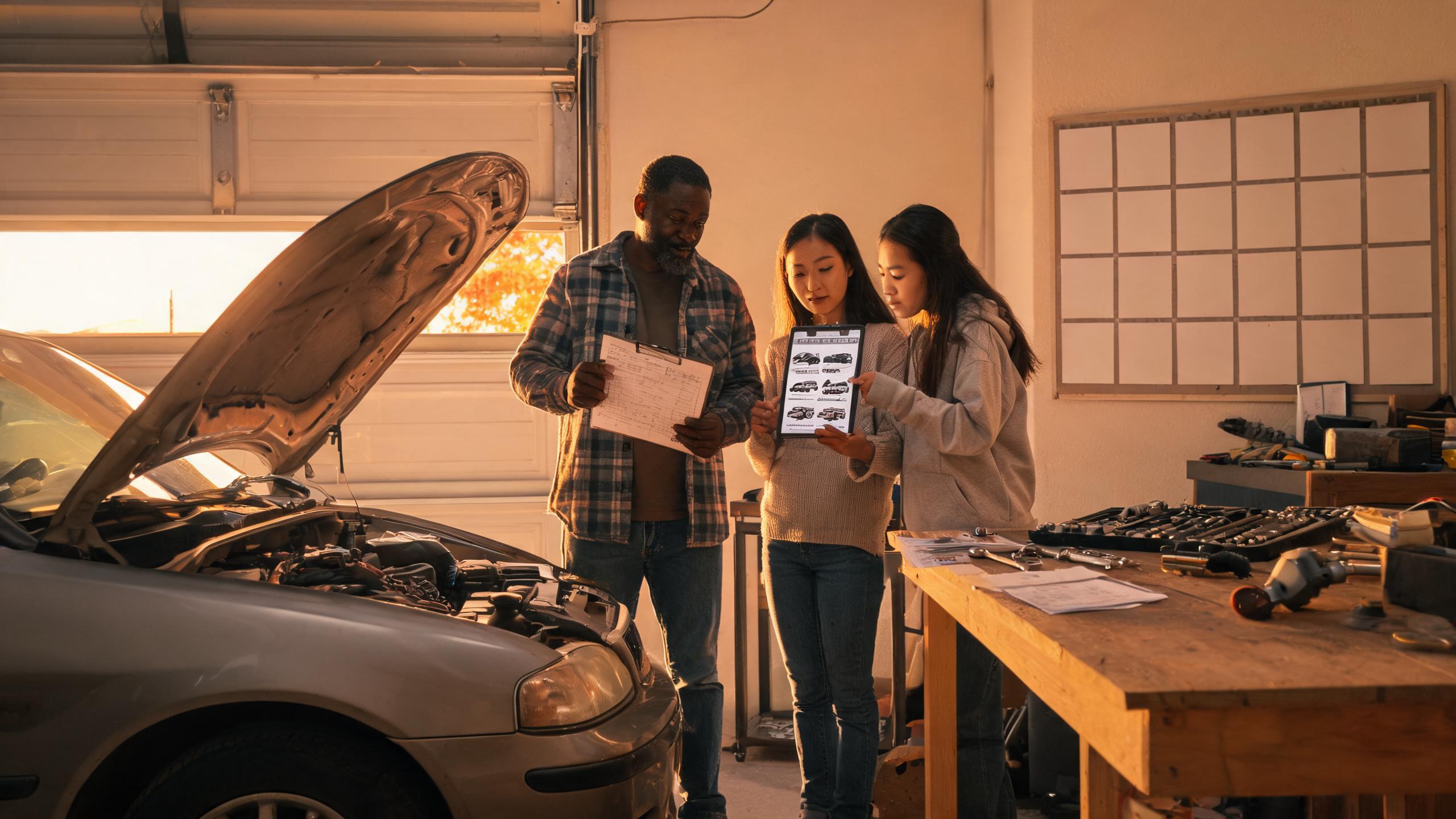 Family comparing repair costs with online new and used car options for dealership-free car buying in a home garage.