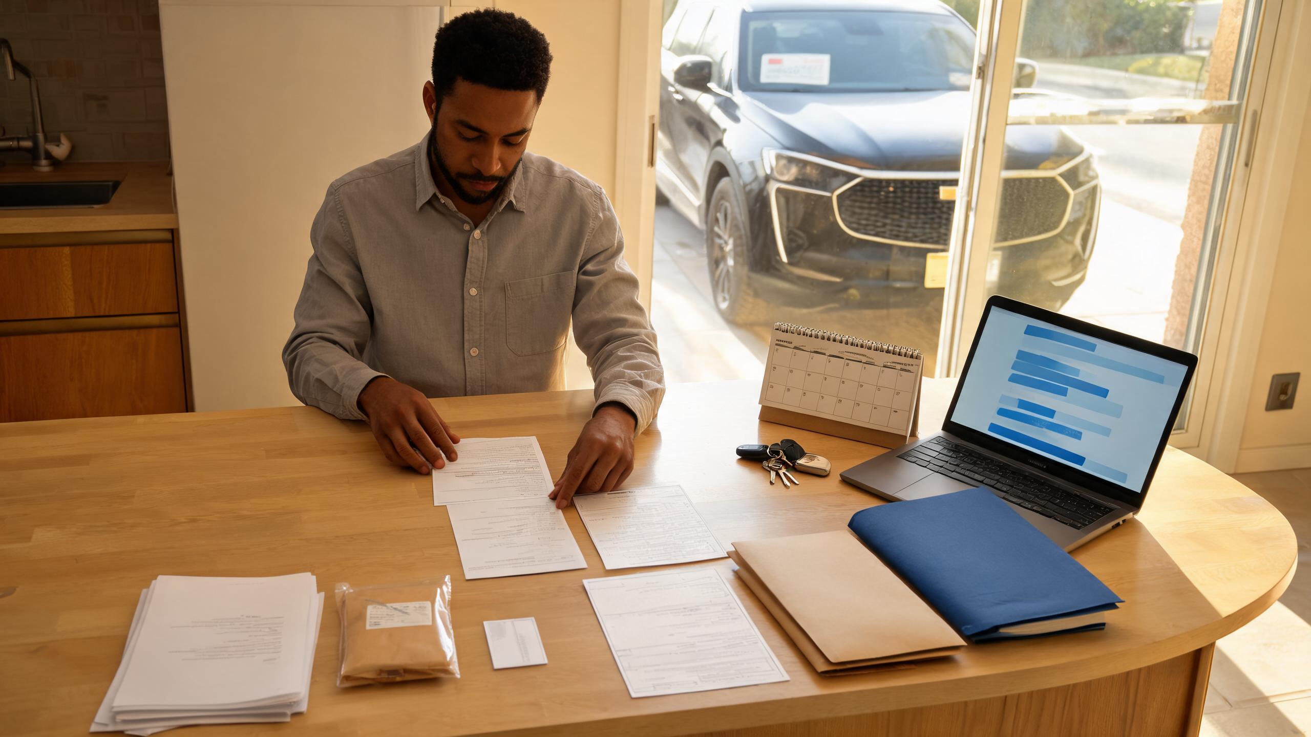 Buyer organizing sales tax, title, insurance, temporary tag, and registration documents for car buying without sales pressure.
