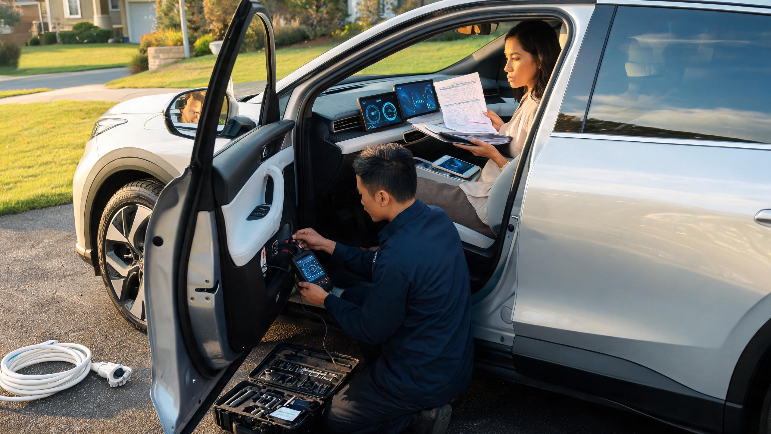 Mobile technician checking a used EV battery with diagnostics and service records before purchase, useful for shoppers comparing car delivery to home listings
