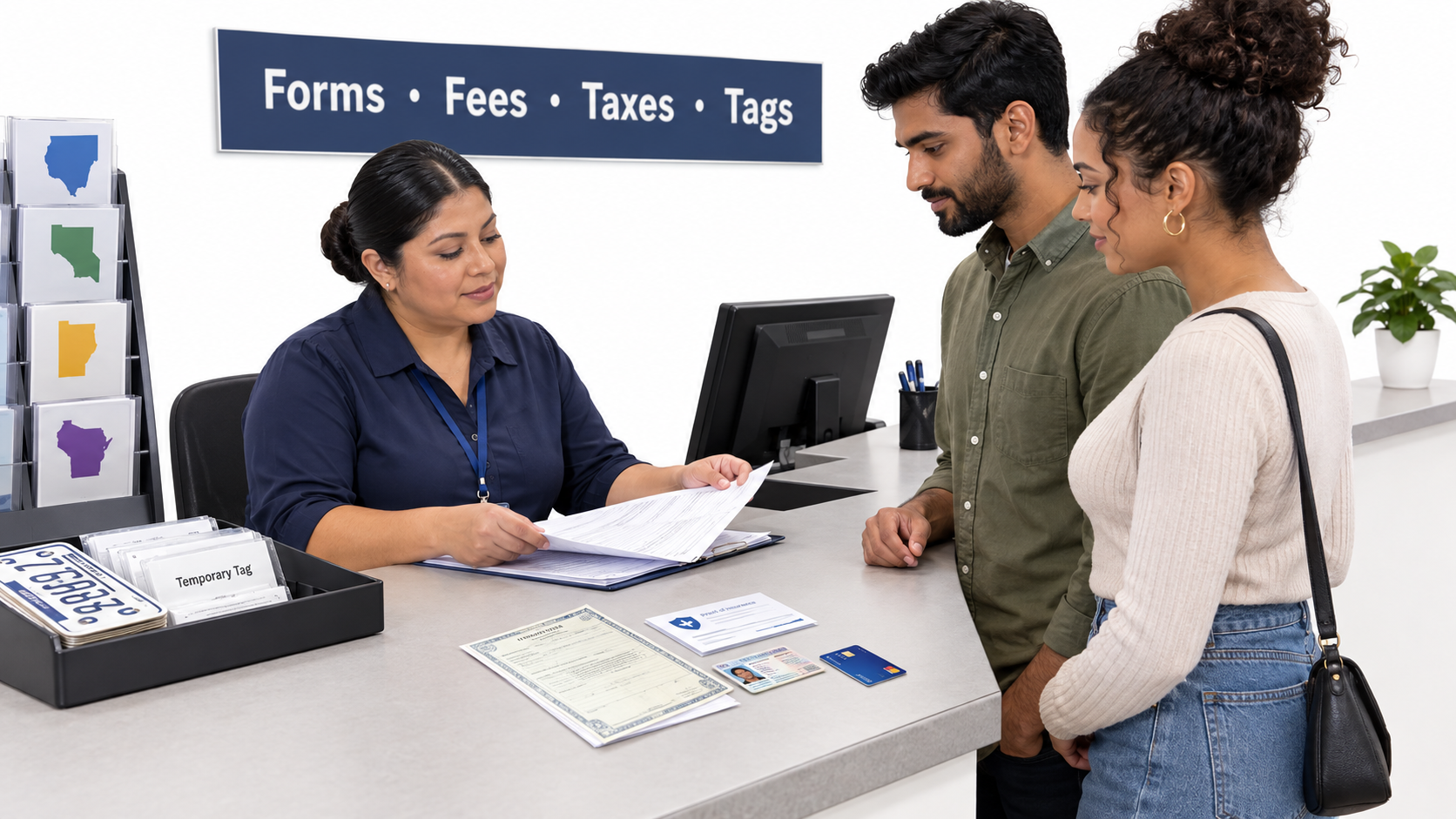 Couple completing title-transfer forms, fees, taxes, and temporary tag paperwork at a registration counter after checking out the door price car requirements.