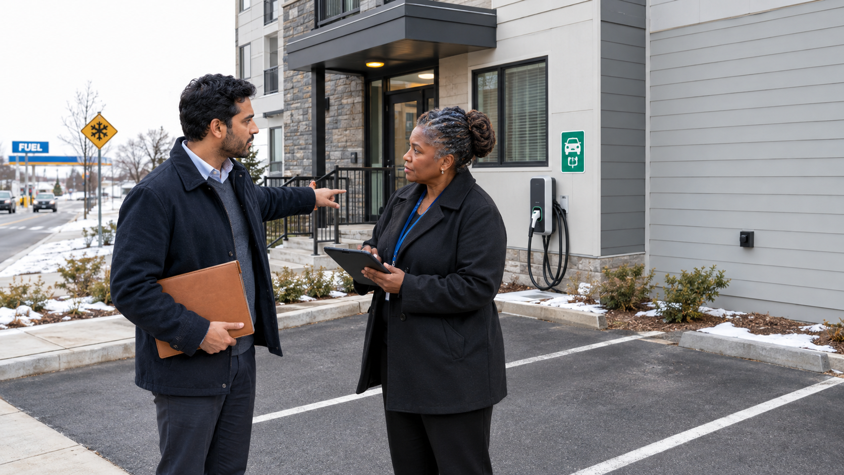 An apartment resident checks parking and charging access with a property manager for a Virtual CarHub electric vehicle decision.