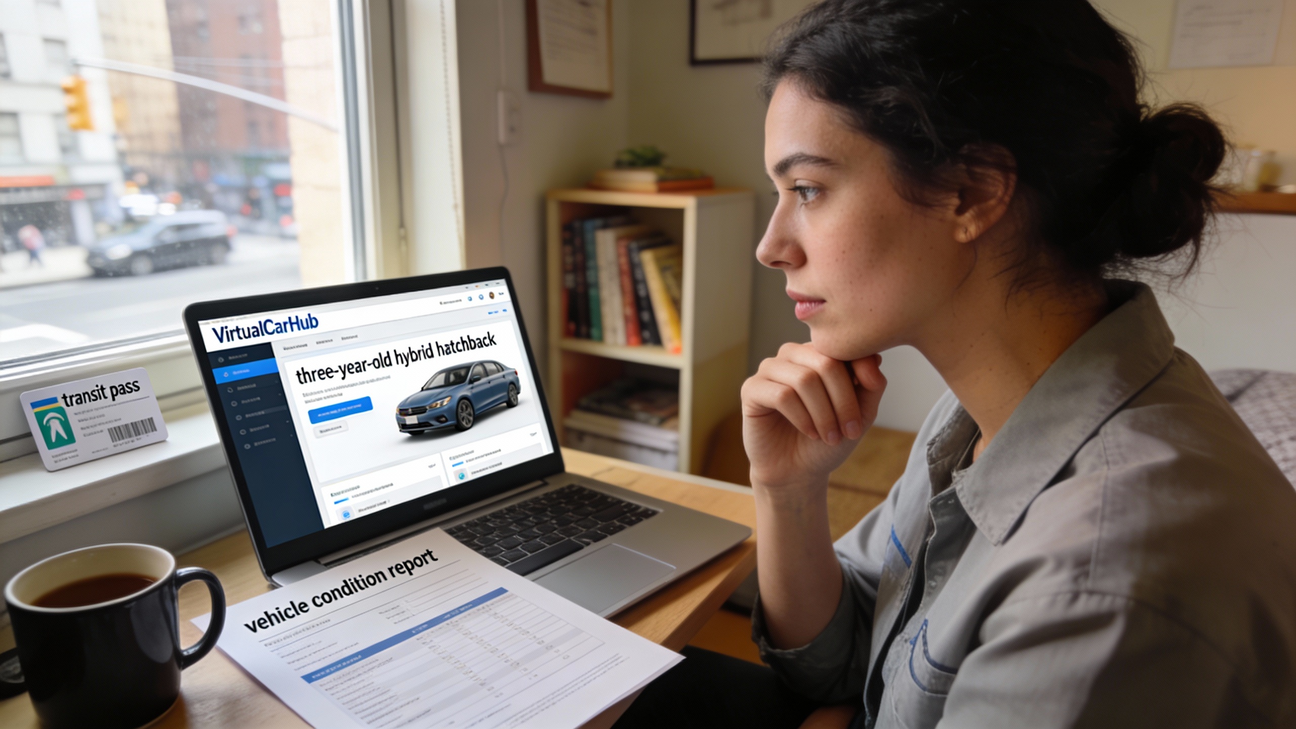 Engineer Mia reviewing a VirtualCarHub listing for an undervalued used car, illustrating a consumer-focused wholesale car buying for consumers experience