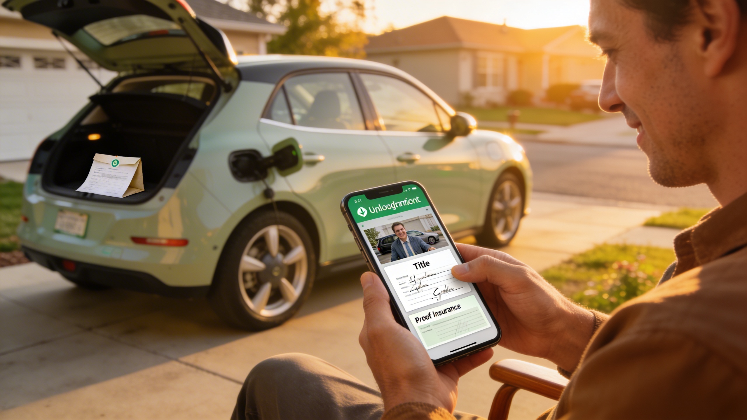 Buyer uploading signed title and insurance photos from home after purchasing an EV, demonstrating car delivery to home and how to buy a car without a dealership
