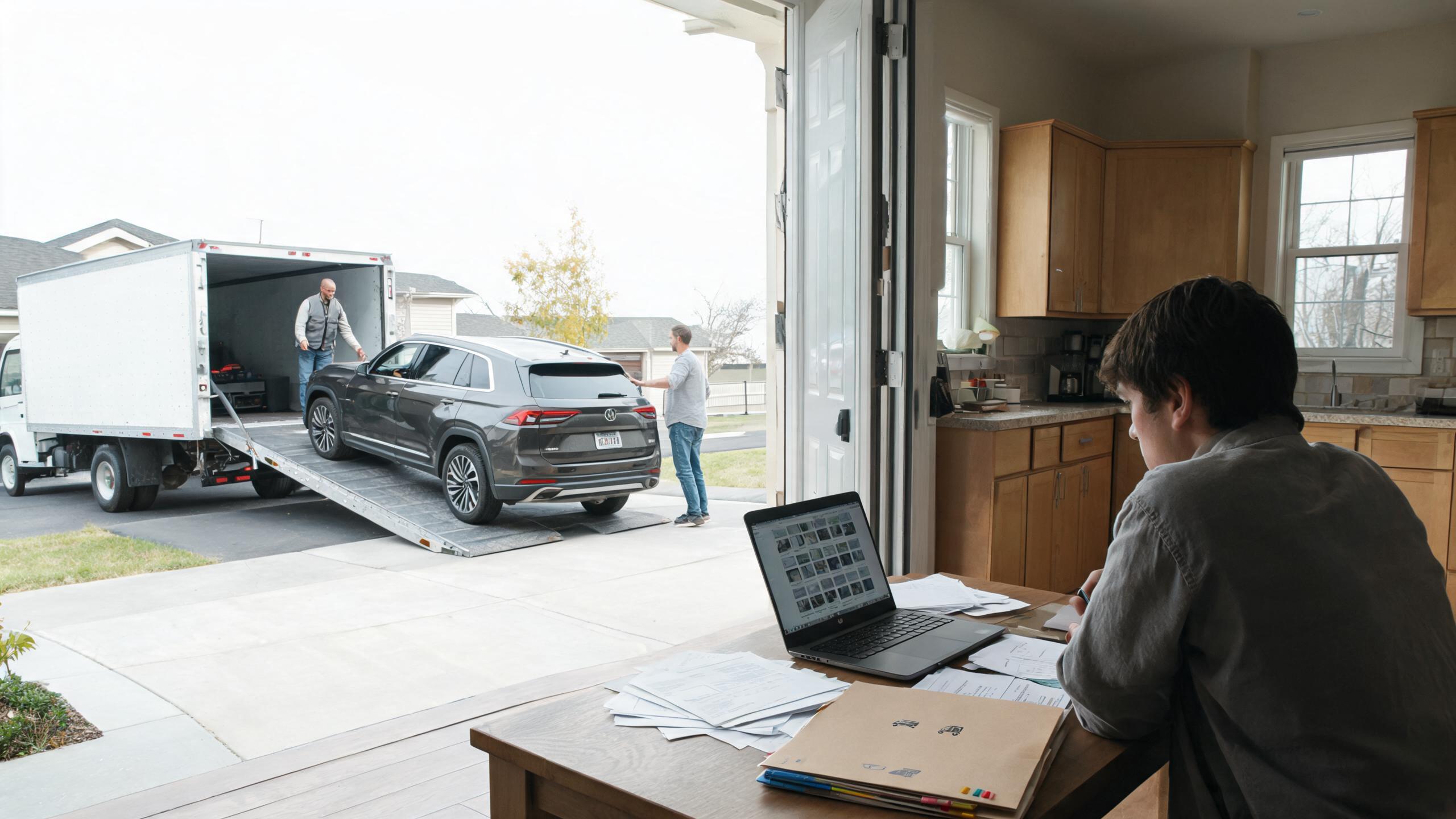 Used car delivered to a buyer’s home during an online purchase, illustrating car delivery to home and Carvana vs wholesale buying.